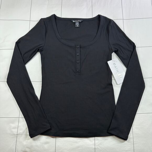 Athleta Top Womens XS Black Signature Rib Henley Modal Commute Lounge Travel New - Picture 3 of 10